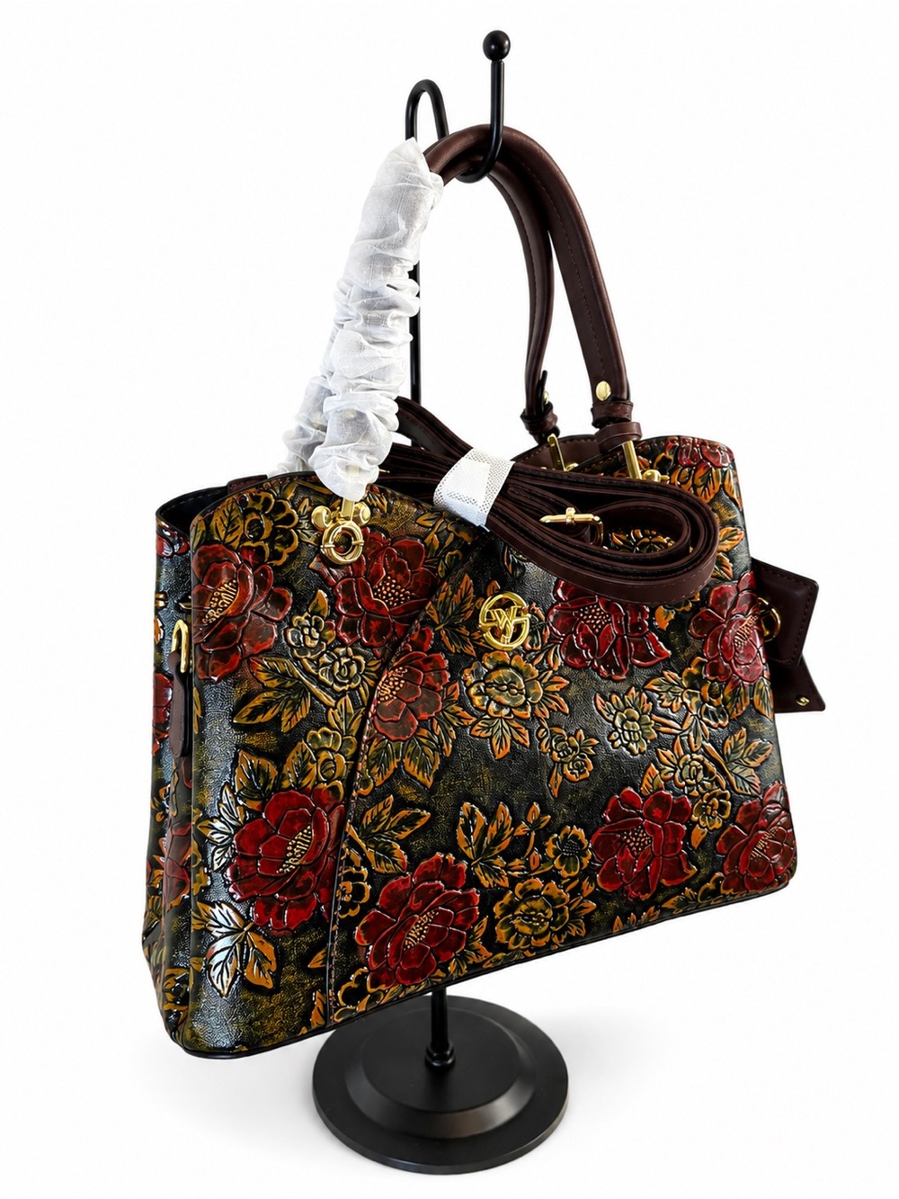 Embroidered Floral Leather Satchel in Red and Gold